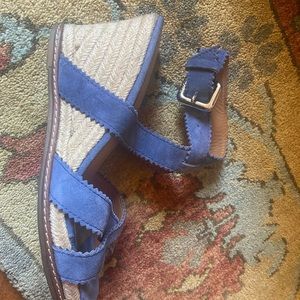 Blue suede ankle wrap platform wedge, used good condition